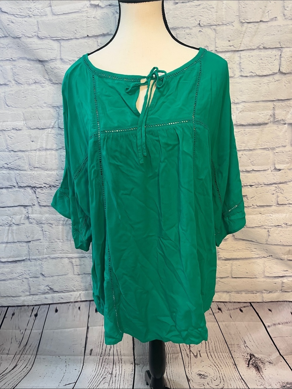 Chico’s Peasant Blouse Top Tie Neckline Ladder Lace Detail Green Chicos 3 XL